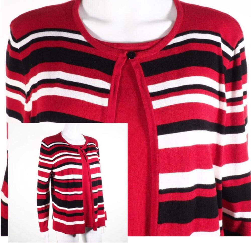 Alfred Dunner Women Size M Cardigan Set One Piece Striped Red Black White
